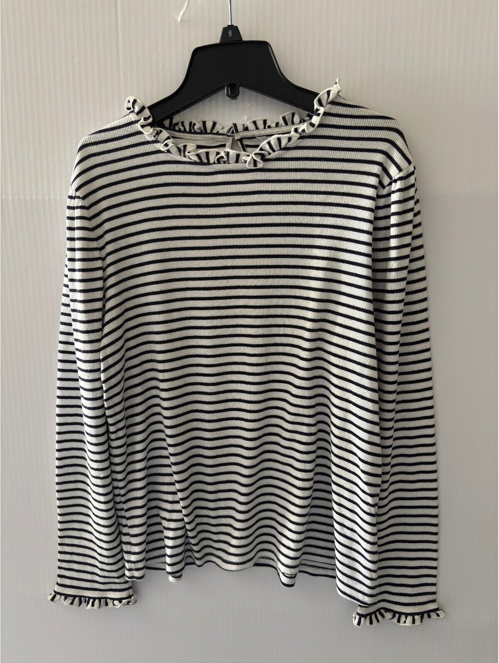 Black and White Striped Long Sleeve Ruffle Neck Top